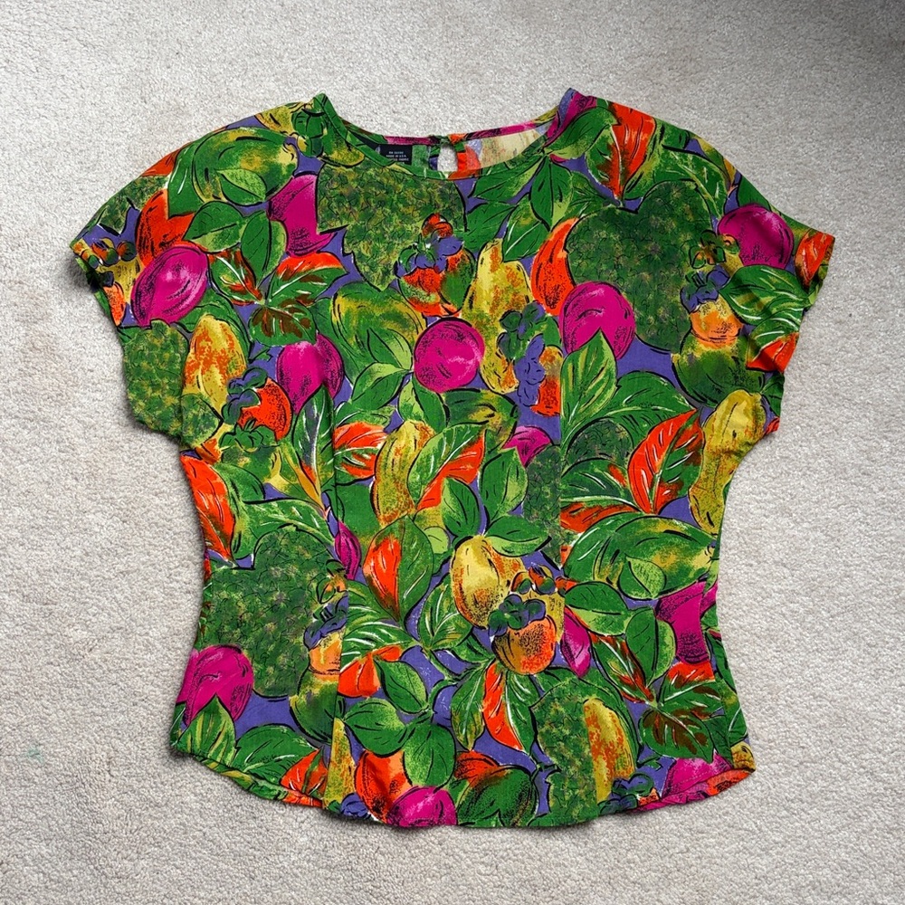 RAFFERTY Women's Colorful Painted Fruit Print Top Size 3 Vintage 90s Made USA